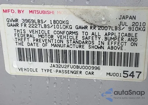 2011 Mitsubishi Lancer Es from USA, damaged, VIN JA32U2FU0BU000996